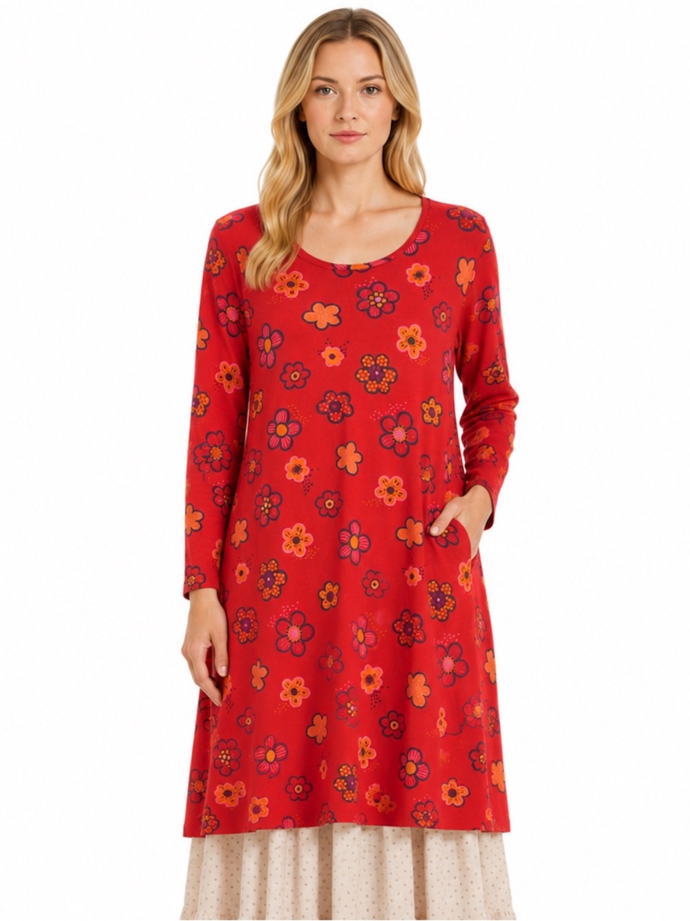 Gudrun Sjoden Aria Tunic Dress Retro Floral Long Sleeve Stretch Cotton Size L
